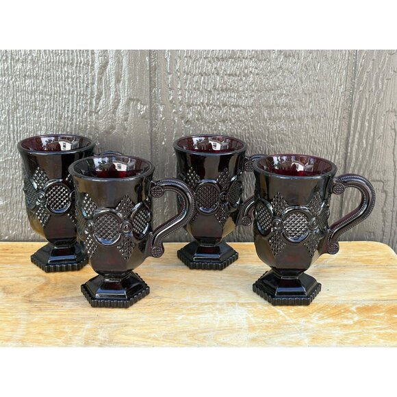 Set Of 4 Vintage Ruby Red 1876 Avon Cape Cod Pedestal Glass Mugs With Handles - Picture 1 of 8